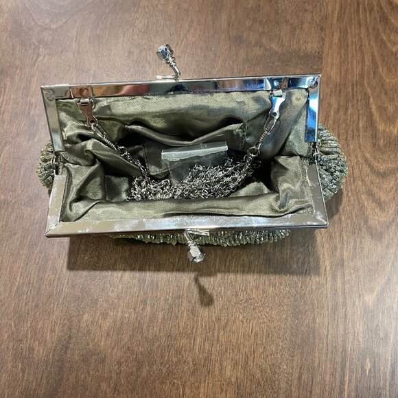 Vintage‎ Beaded Evening Clutch Shoulder Bag Olive, Silver Color Jeweled Kisslock - Picture 4 of 11